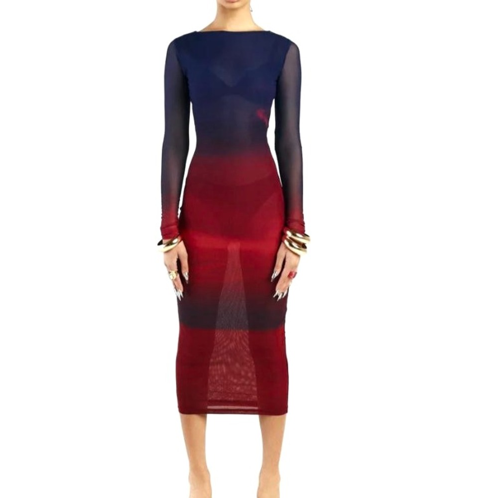 Woods by Jordyn Kai Dress Womens M Purple Haze Sheer Mesh Sheath Sexy Chic